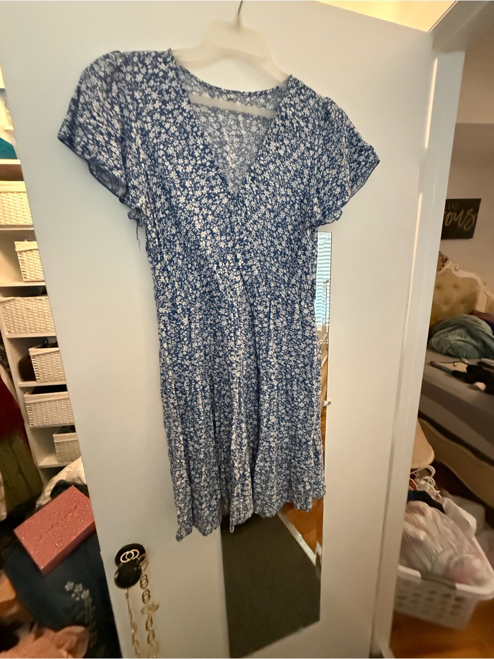 Blue Floral V-Neck Women’s Midi Dress